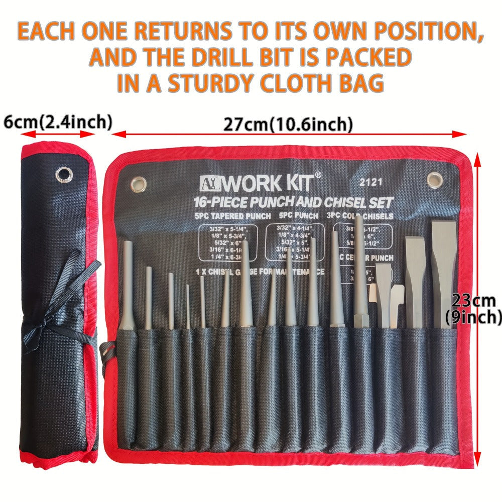 Punch and Chisel Set 16pcs Cr-V Steel with Taper Punch Cold Chisels Pin & Center Punches Fabric Storage Case Heavy-Duty Non-Electric Hand Tool Kit for Metalworking Woodworking Automotive DIY