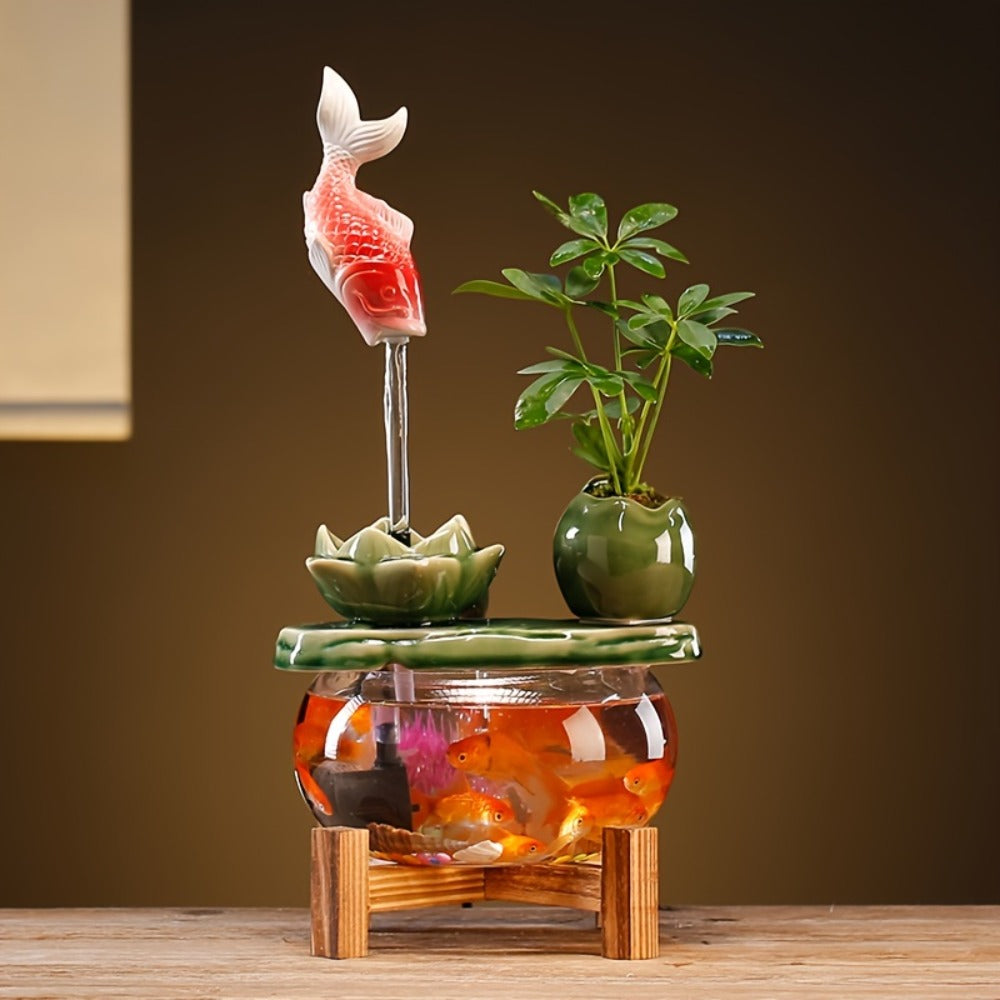 USB Desktop Fish Waterfall Fountain with Glass Bowl ¨C Relaxing Indoor Water Feature Tabletop Decor Zen Fountain Gift