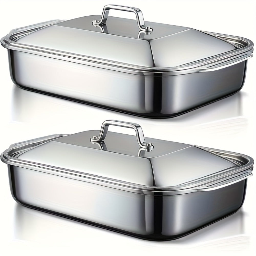 Stainless Steel Deep Baking Tray with Lid 4-Piece Set, 1.59 Gallon Rectangular Roasting Pan with Handle Lids, 16-Inch Dishwasher Safe Deep Tray for Fish BBQ Spaghetti, 2 Trays + 2 Lids
