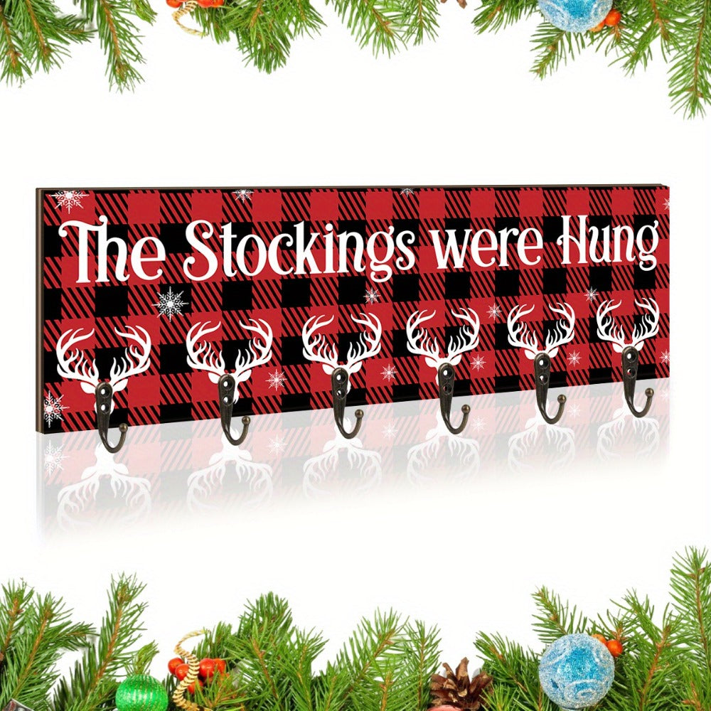 Christmas Stocking Holder with 6 Hooks ¨C Wooden Sign Wall Rack with Snowflake Design & ¡±The Stockings Were Hung¡± Quote, Santa Claus Mantel Hanger for Holiday Fireplace Decor