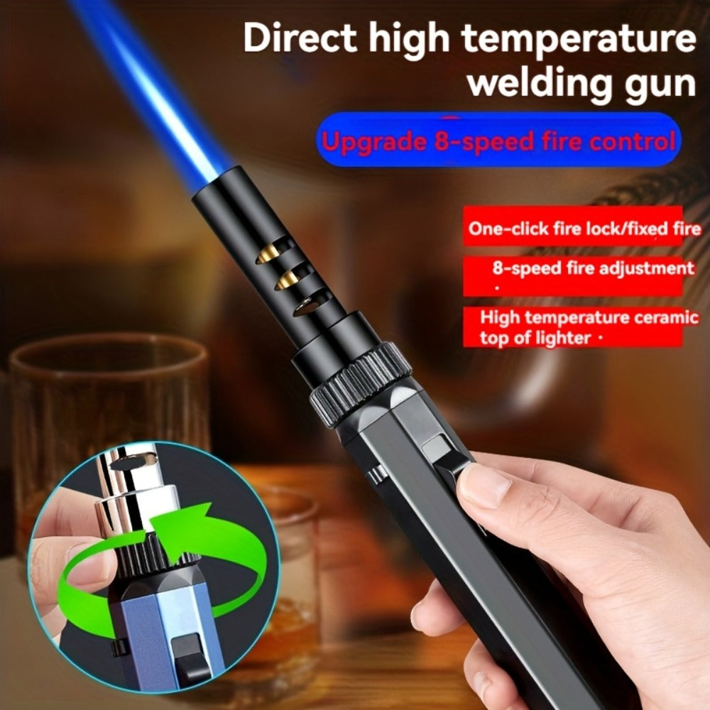 Windproof Jet Flame Torch Lighter with Safety Lock & Switch Lock, Large Adjustable Flame, Outdoor Torch for Campfire BBQ Baking Camping, Gas Not Included, Black Silver Blue