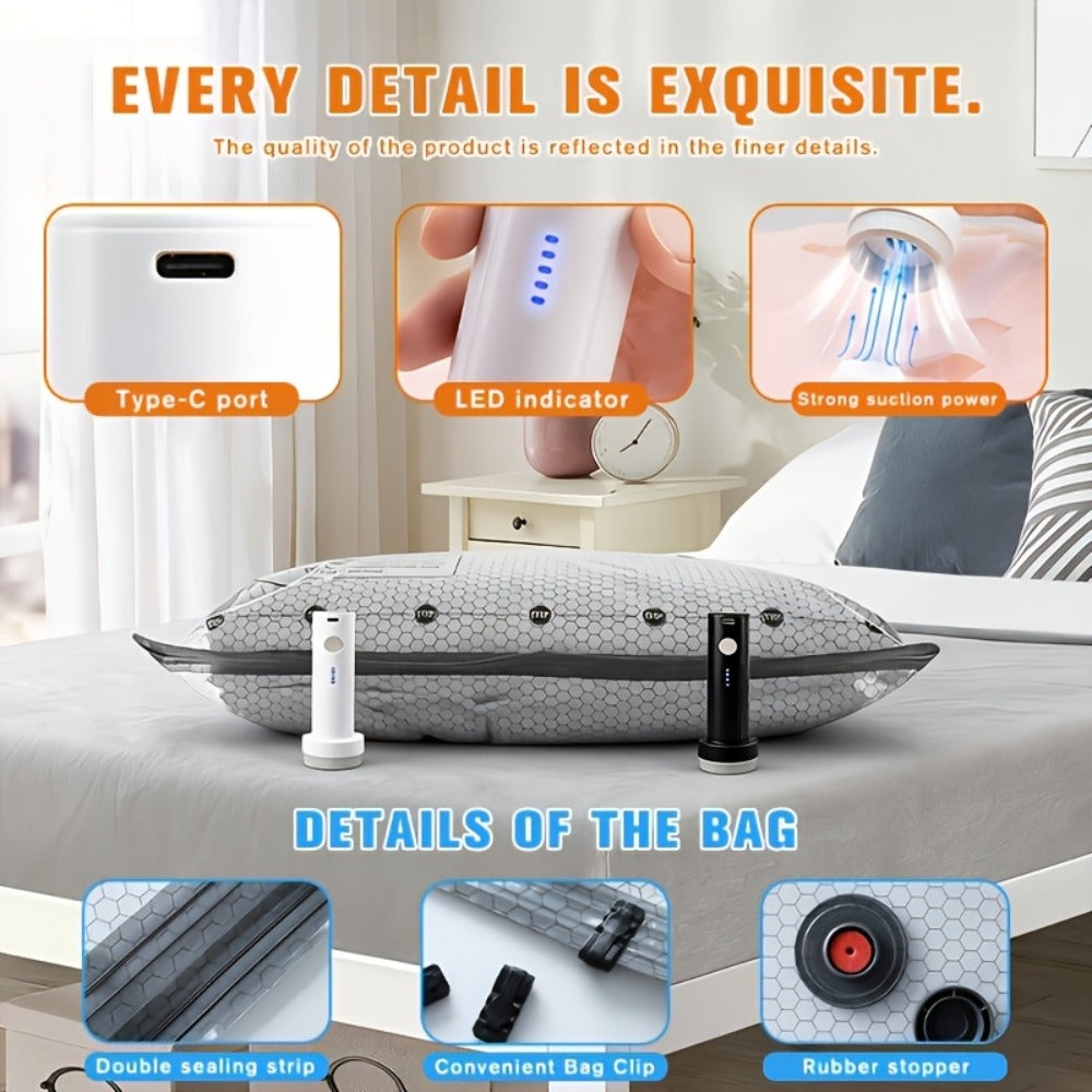 Vacuum Storage Bags with Electric Pump USB Wireless Space Saving Compression Bags for Clothes Blankets Duvets Pillows Bedding Travel Camping Wardrobe Organizer