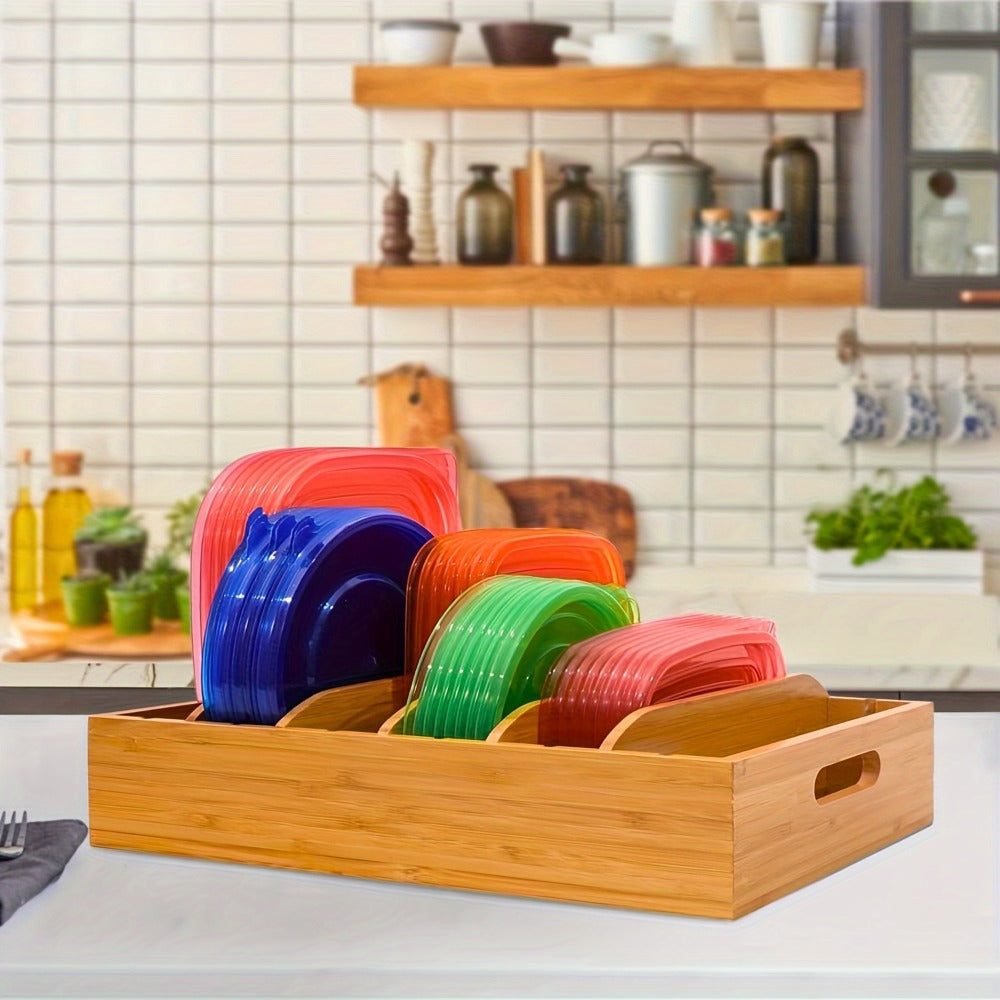 Bamboo Lid Organizer for Kitchen Cabinet with 5 Adjustable Dividers - Tupperware Lid Holder for Food Container Lids, Pot Lids Storage Rack with Writable Labels, 13¡± Wide