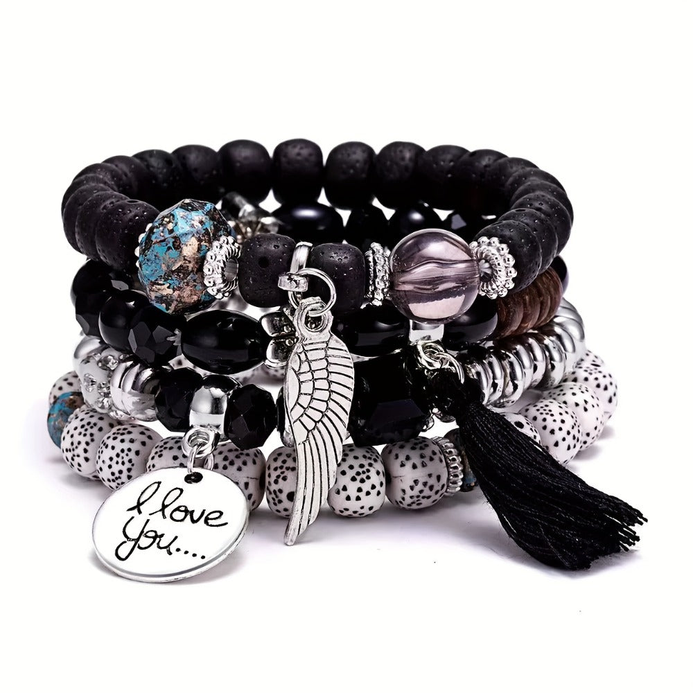 Bohemian Beaded Bracelet Set 24pcs ¨C Multi-Layer Wooden Bead Elastic Bracelets with Butterfly Elephant Tree Pendant, Handmade Colorful Tassel Wristbands for Women Men, Party Gift & Daily Wear