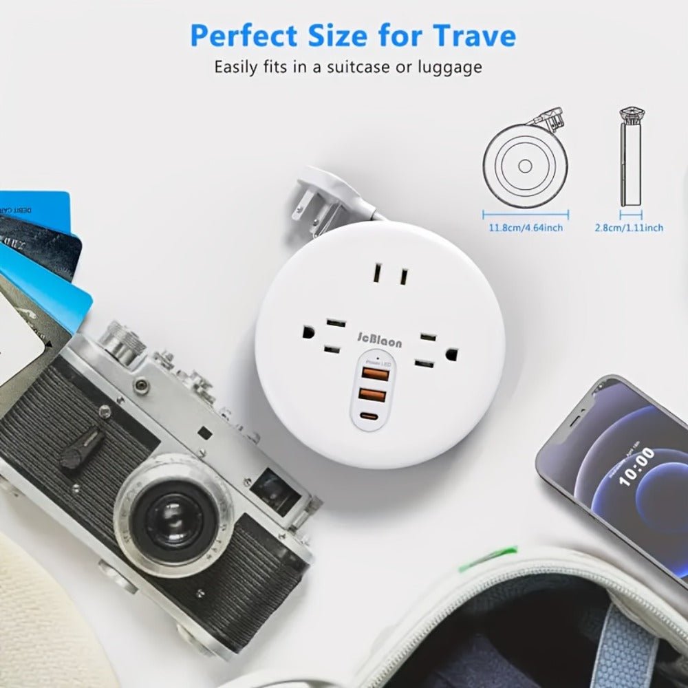 Travel Power Strip Retractable 4ft Flat Plug Extension Cord 3 Outlets 3 USB Ports 2 USB-C Compact Charging Station for Dorm Office Home Desk Travel