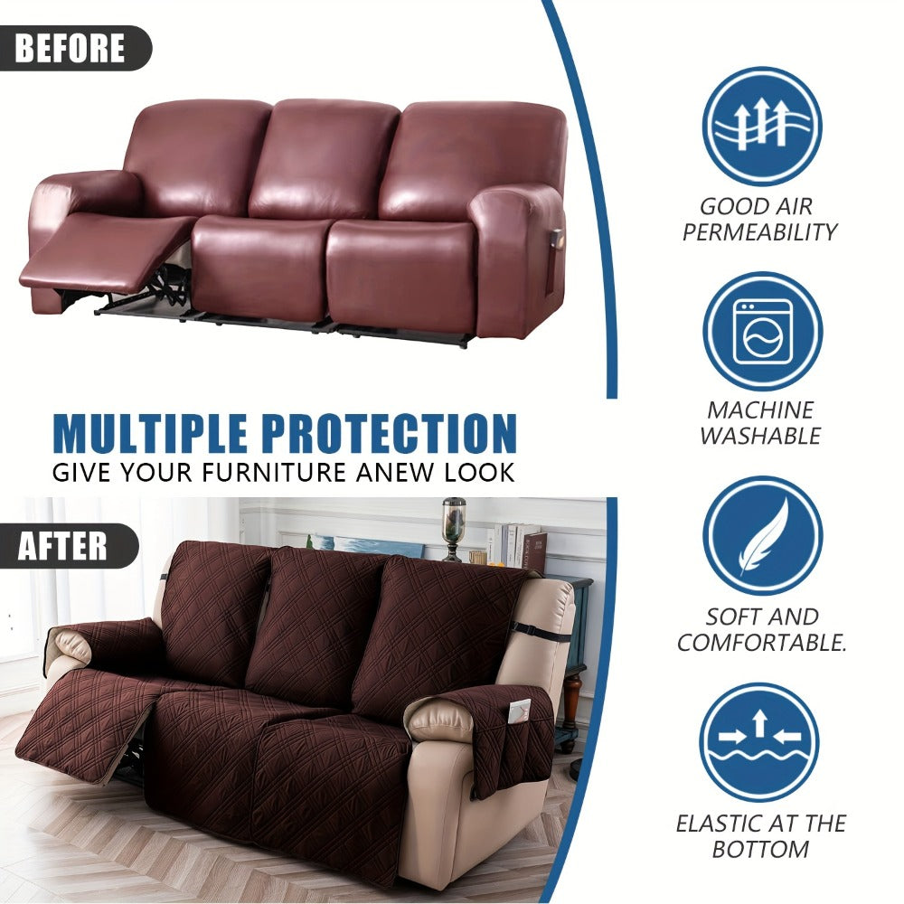 Waterproof Recliner Slipcover 3pcs Set | Non-Slip Quilted Elastic Recliner Chair Cover, Furniture Protector for Living Room Bedroom Office, 8 Colors