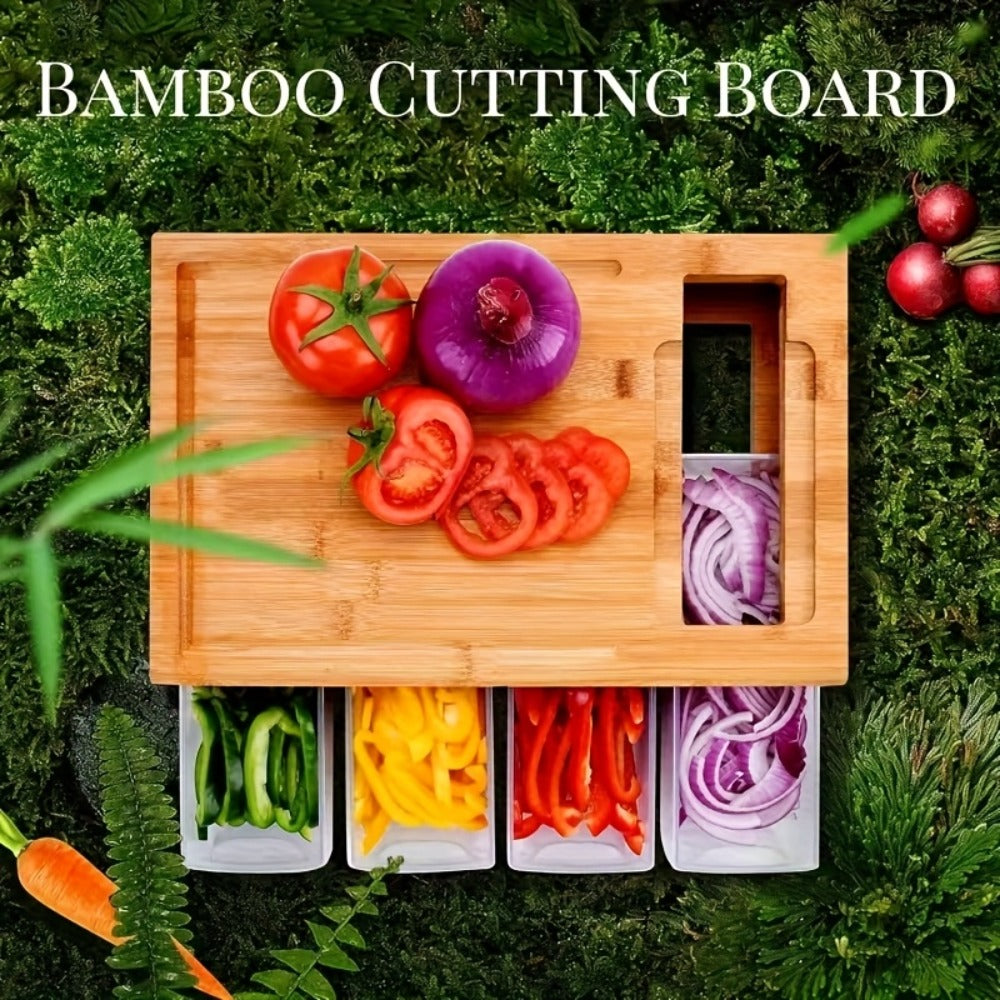 Bamboo Cutting Board with Drawer & Food Container Juice Tank Cheese Shredder Carving Board with Easy Handgrip for Vegetables, Meat & Cheese ¨C Kitchen Chopping Board with Storage