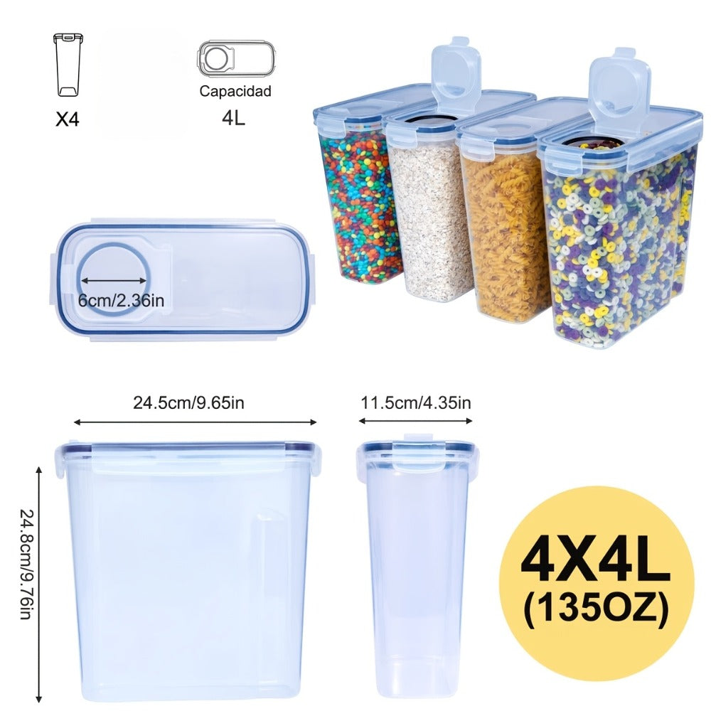 Airtight Food Storage Containers 4 Pack Extra Large 4L/135oz - BPA-Free Plastic Cereal Canisters with Pour Spout for Pantry Organization, Grain, Nuts, Flour & Rice Storage, Includes Labels & Marker