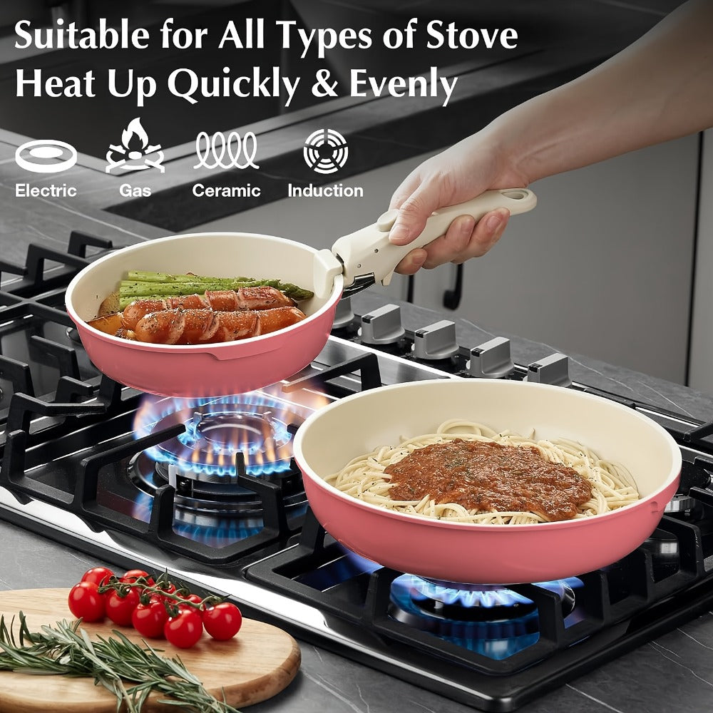 Nonstick Cookware Set 5-Piece Detachable Handle Aluminum Pots and Pans ¨C Space-Saving Stackable Induction Compatible | 8 & 10 Inch Frying Pan Soup Pot Universal Lid | White Pink Beige Coral Pink