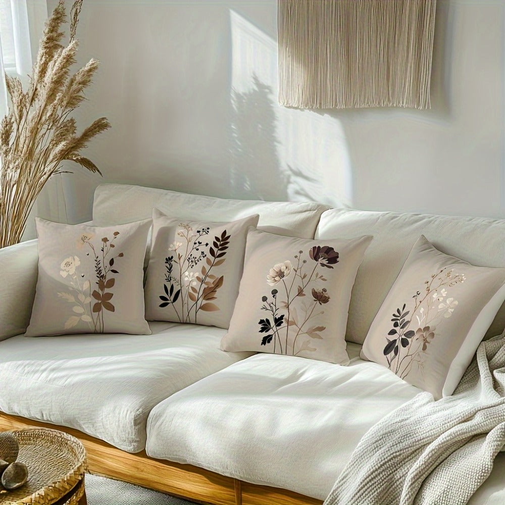 Throw Pillow Covers 18x18 Set of 4 - Floral Botanical Square Cushion Cases Beige Brown Gray | Zipper Closure Machine Washable Decorative Pillows for Living Room Bedroom Sofa Couch Contemporary Decor