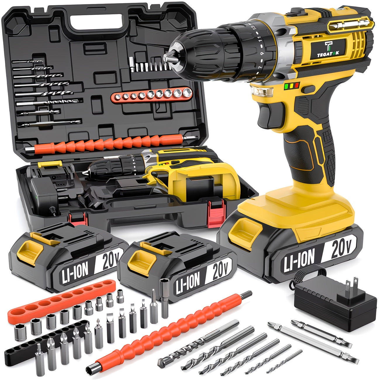 Cordless Drill Set 20V - Tegatok Impact Drill Kit with 45Nm Torque, 23-Speed Settings, LED Light, 2.0Ah Battery & Fast Charger, 58/136/145pcs Accessories for Home Renovation, Woodworking & Metal Drilling