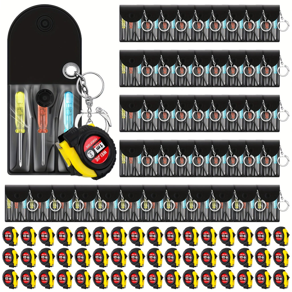 Mini Tape Measure & Screwdriver Keychain Tool Set 96 Pack ¨C Bulk Party Favors for Men, Father's Day Gifts, DIY Emergency Keychain Tools, Compact Measuring Tape with Mini Screwdriver