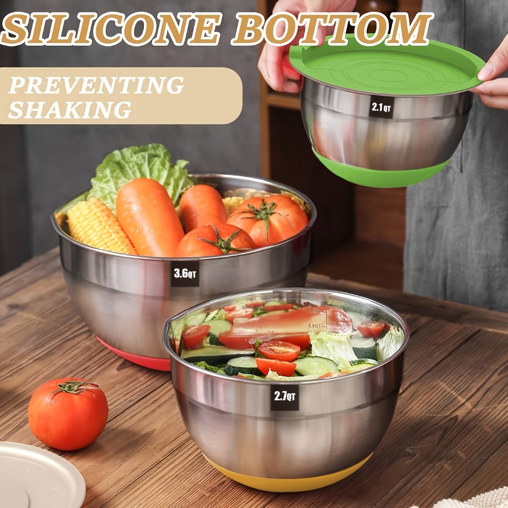 Stainless Steel Mixing Bowl Set 26pcs with 6 Bowls 20 Kitchen Tools Anti-Slip Bottom Multiple Sizes for Baking Cooking Meal Prep Storage