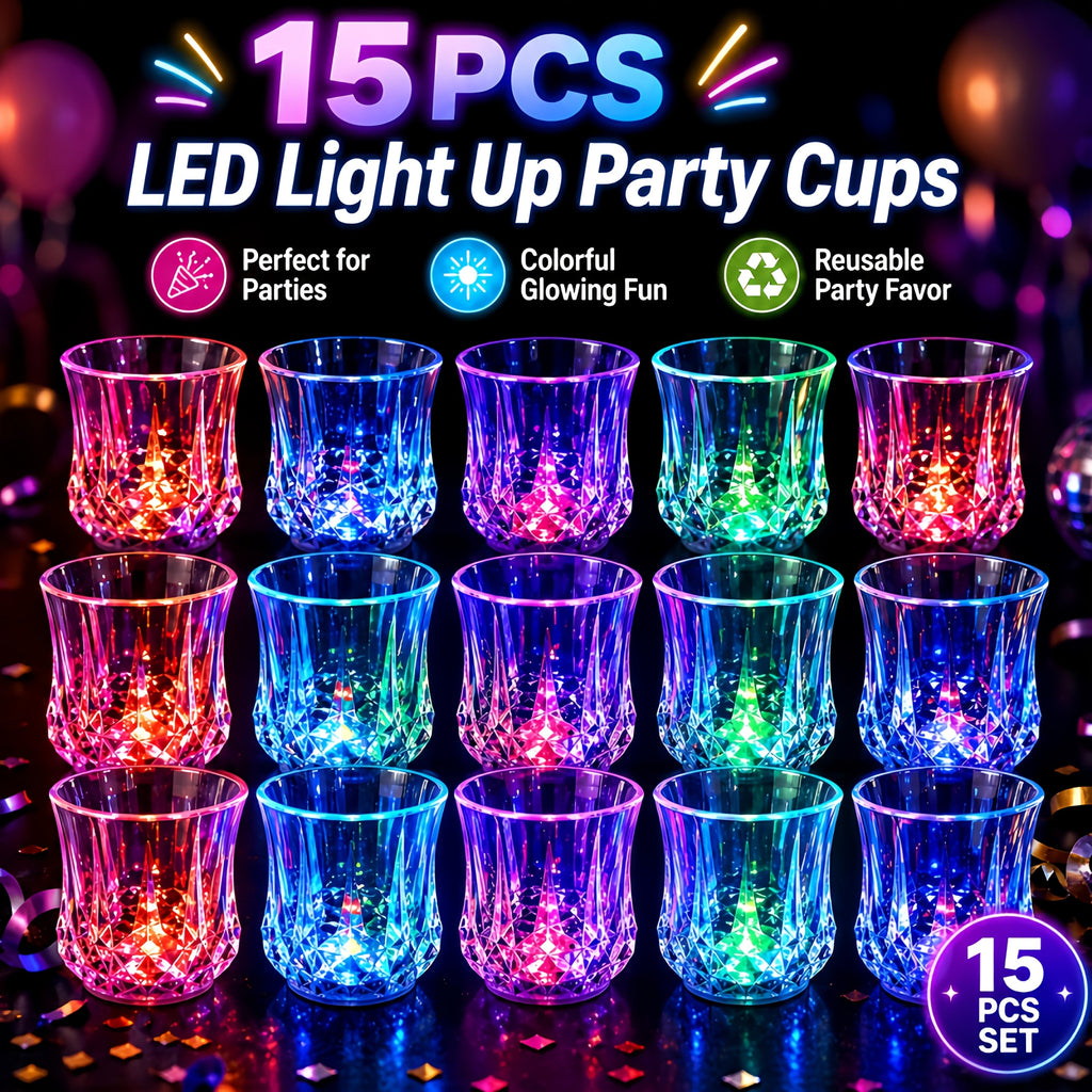 LED Light-Up Party Wine Glasses Set ¨C 12 or 15pcs Glowing Plastic Cups with Colorful LED Lights for Birthday, Bar, Wedding, Holiday & Sports Events