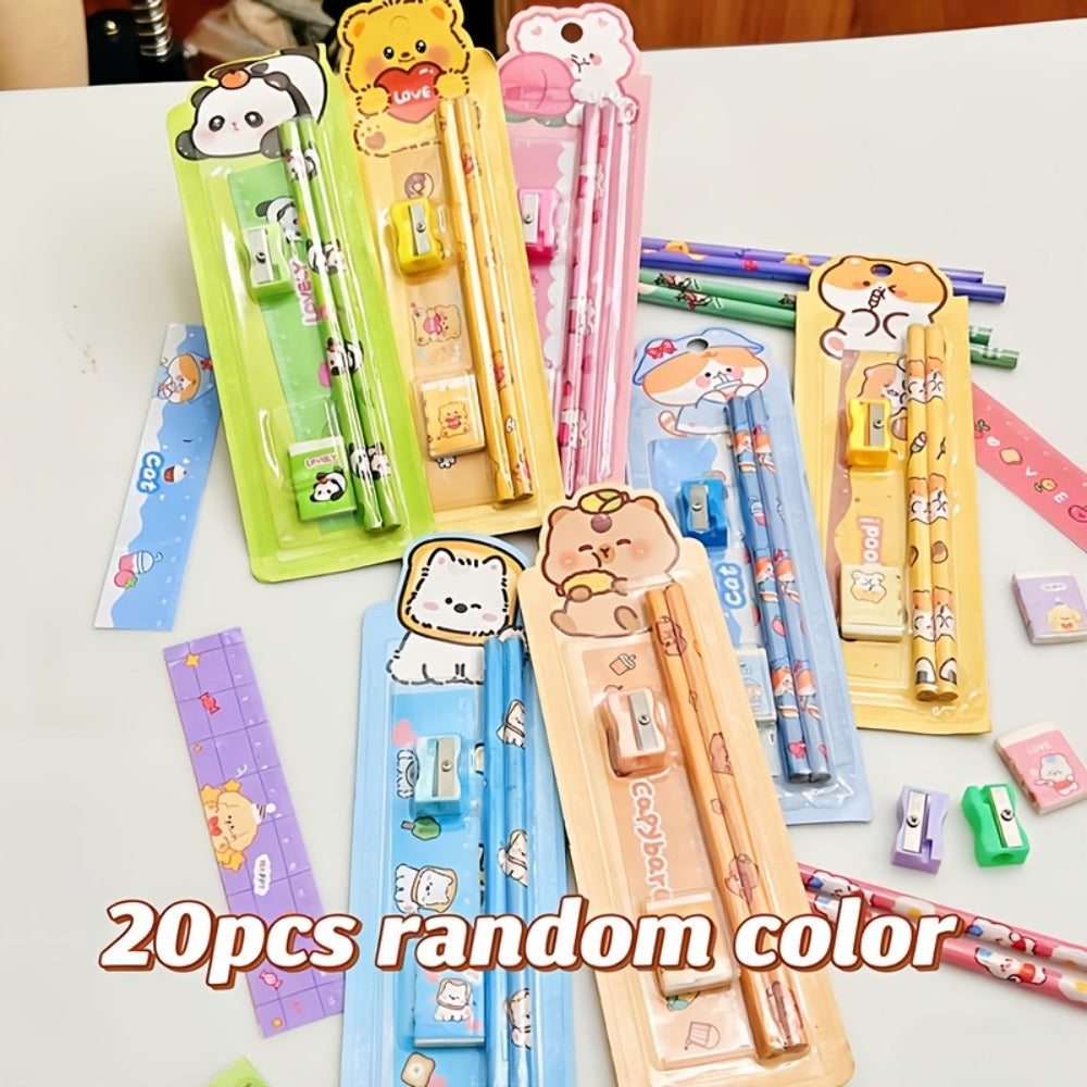 20-Piece Cartoon Pencil Stationery Set with Ruler Eraser Sharpener, Random Cartoon Styles, Kids School Supplies, Party Favor Prizes, Festival Gift Set for Students