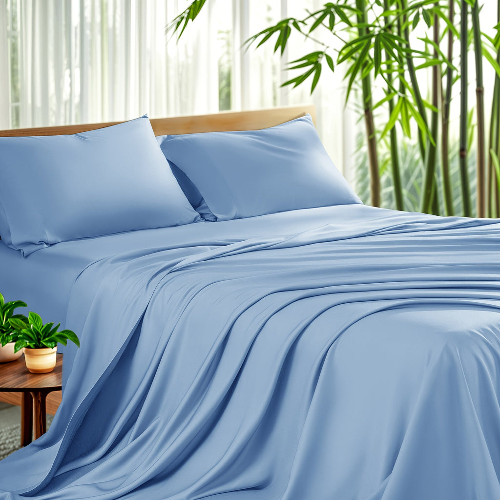 Bamboo Sheet Set 4pcs Cooling Deep Pocket Wrinkle Resistant Bedding All-Season Fitted Flat Sheet 2 Pillowcases Gift Box