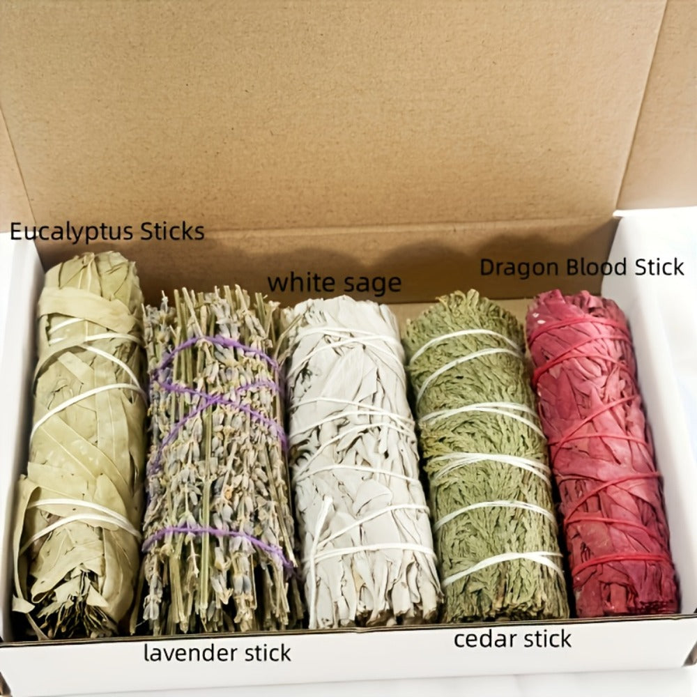 Sage Smudge Kit 5 Pack White Sage Cedarwood Dragon's Blood Eucalyptus Lavender Incense Sticks Set for House Cleansing Meditation Spiritual Purification Home Decor Gift Set for Women Men Beginners