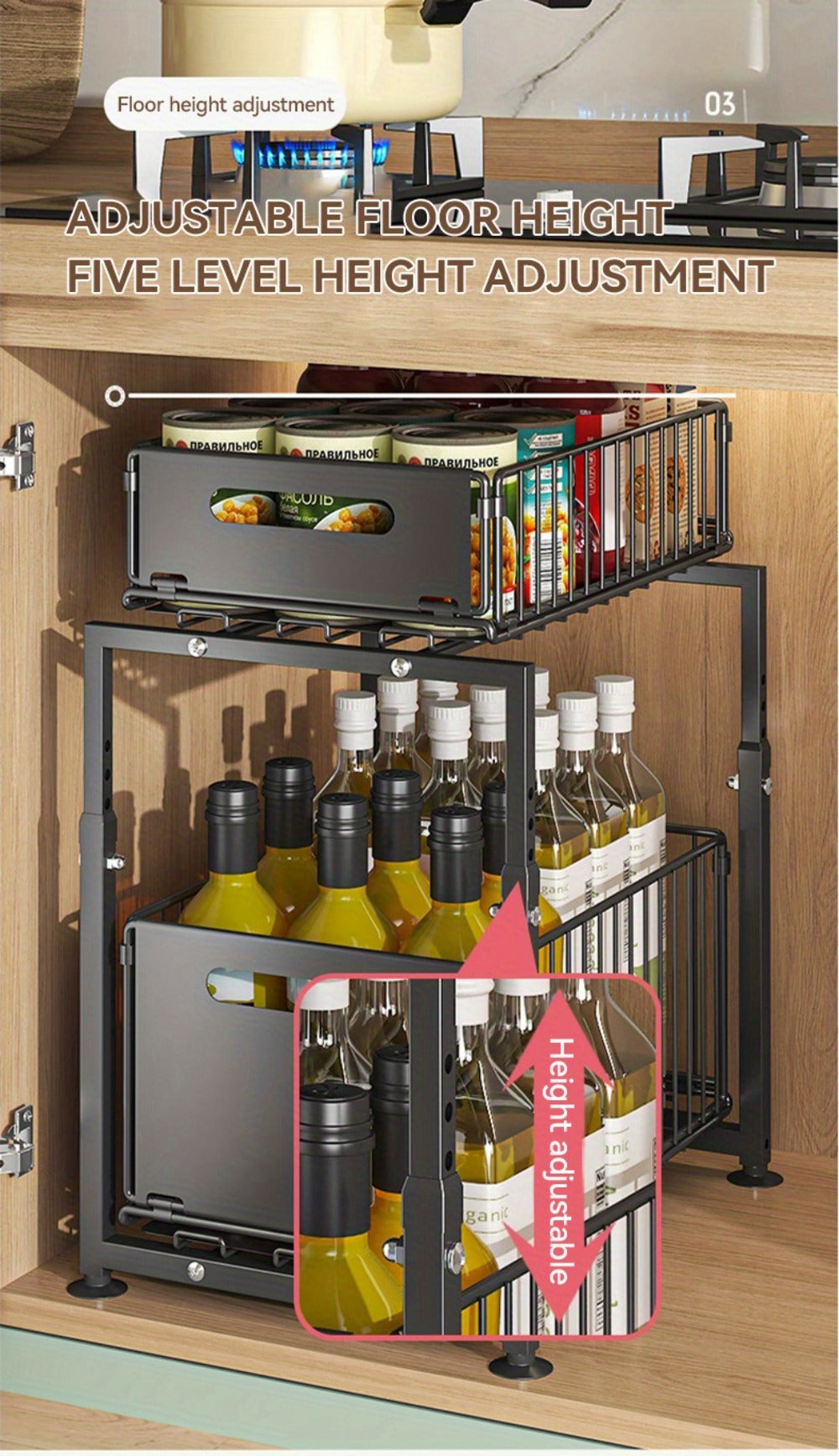 Under Sink Organizer 2-Tier Slide Out ¨C Heavy Duty Metal Cabinet Shelf, Adjustable Space-Saving Storage Rack for Kitchen & Bathroom Cabinets, Pull Out Drawer Organizer
