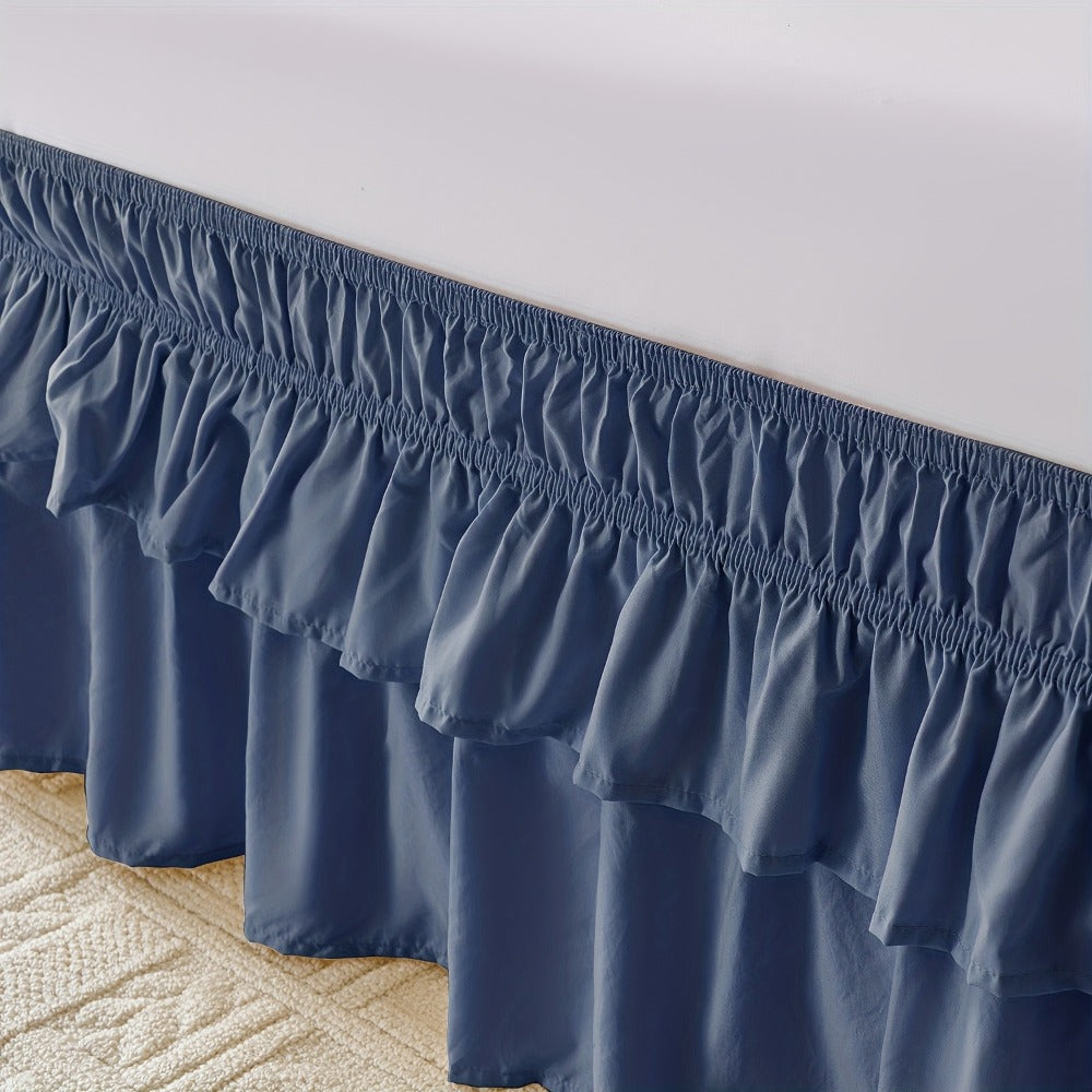 Double Ruffle Bed Skirt 16¡± Drop | Elastic Wrap Around Dust Ruffle for Twin Full Queen King Bed | Easy Install Machine Washable Soft Linen Poly Blend Bedskirt