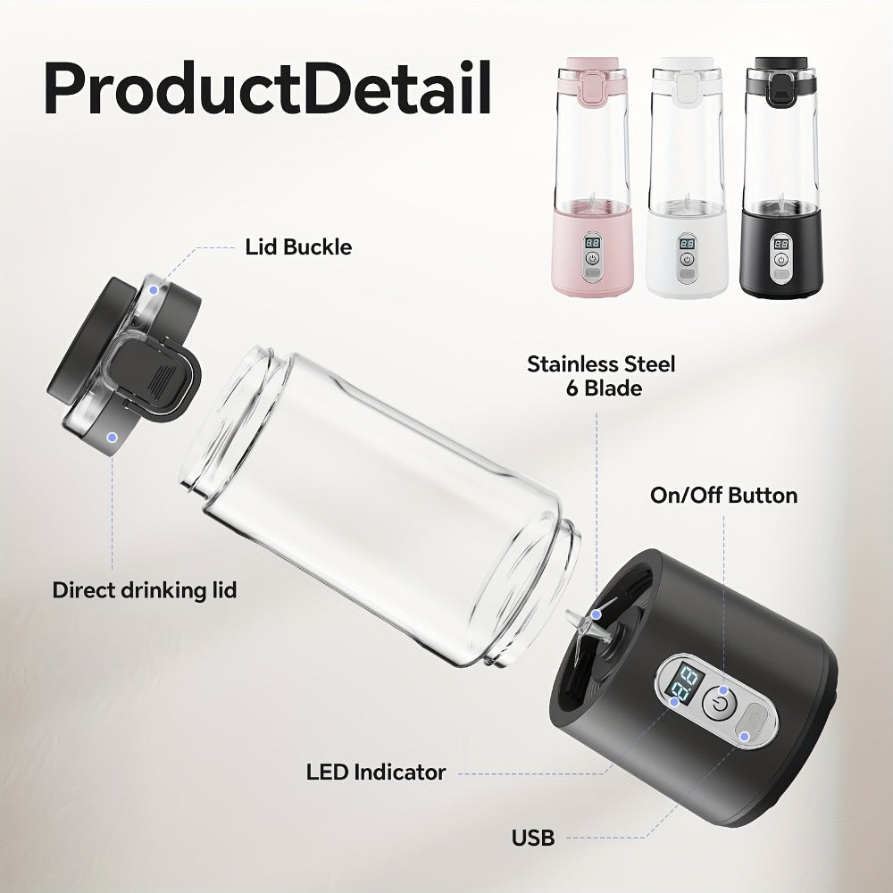 Portable Smoothie Blender USB-C Fast Charge 6-Blade Stainless Steel ¨C Digital Timer Battery Display High-Speed Ice Crush No-Spill Lid | Protein Shake Gym Travel Blender in Black Pink White