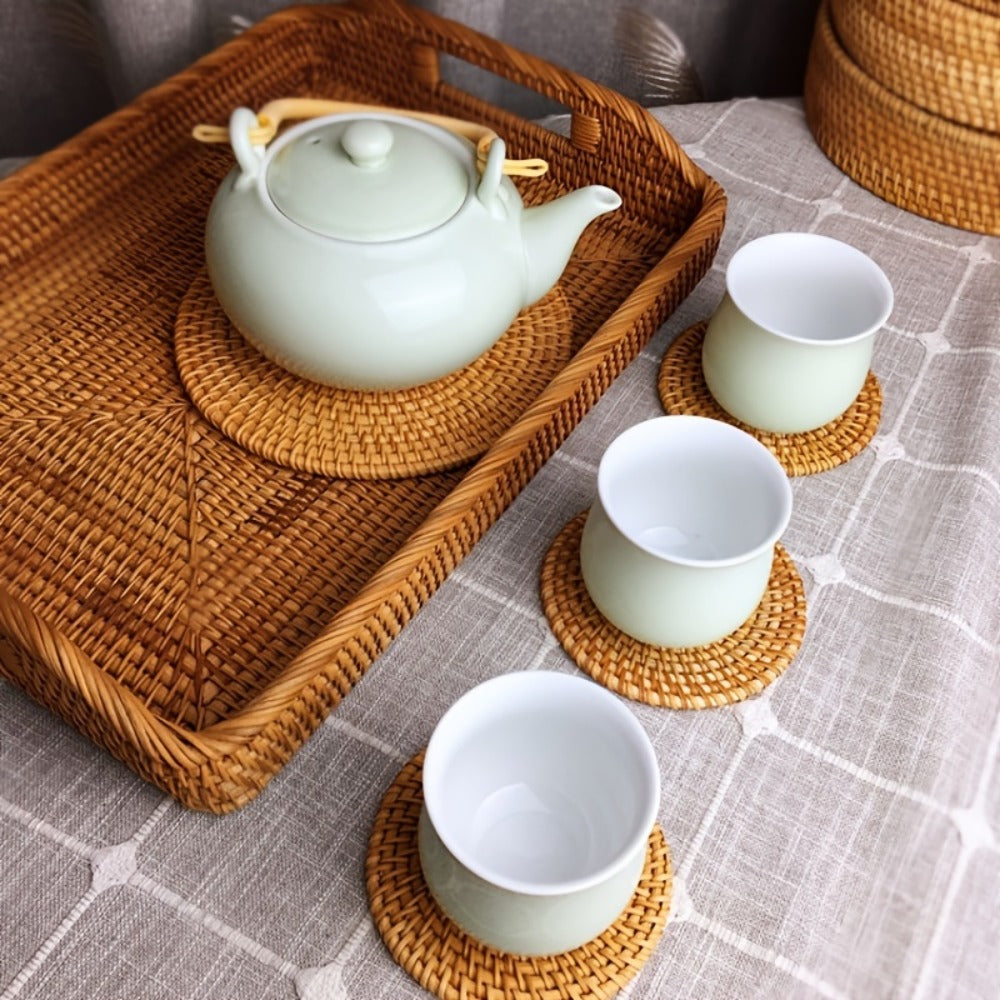 Rattan Woven Coasters Set of 6 Handcrafted Heat-Resistant Non-Slip Drink Mats Boho Table Decor for Kitchen Dining Room Coffee Table Tabletop Protection Holiday Gift