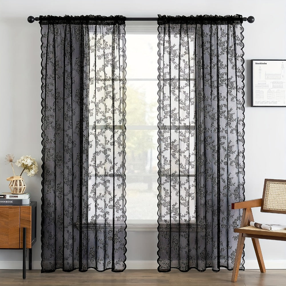 Sheer Lace Curtains 2 Panels Bohemian Floral Semi-Transparent Rod Pocket Window Curtains for Living Room Bedroom All Seasons
