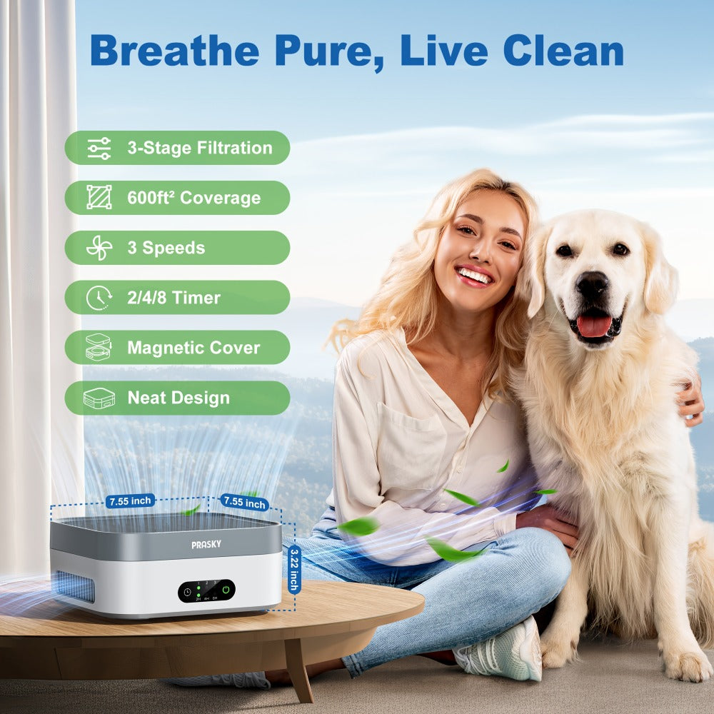 True HEPA Air Purifier for Home & Bedroom Up to 600 Sq Ft | USB-C Powered, 16dB Sleep Mode, Touch Screen Timer, 3-Stage Filtration | Removes Pets, Dust, Pollen, Smoke & Odors | Portable Grey & White