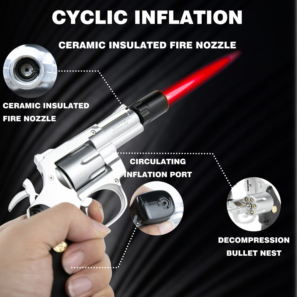 Windproof Butane Lighter with Adjustable Flame | Pistol Revolver & Wheel Design for Camping Outdoor Cooking Grilling BBQ Charcoal Lighting