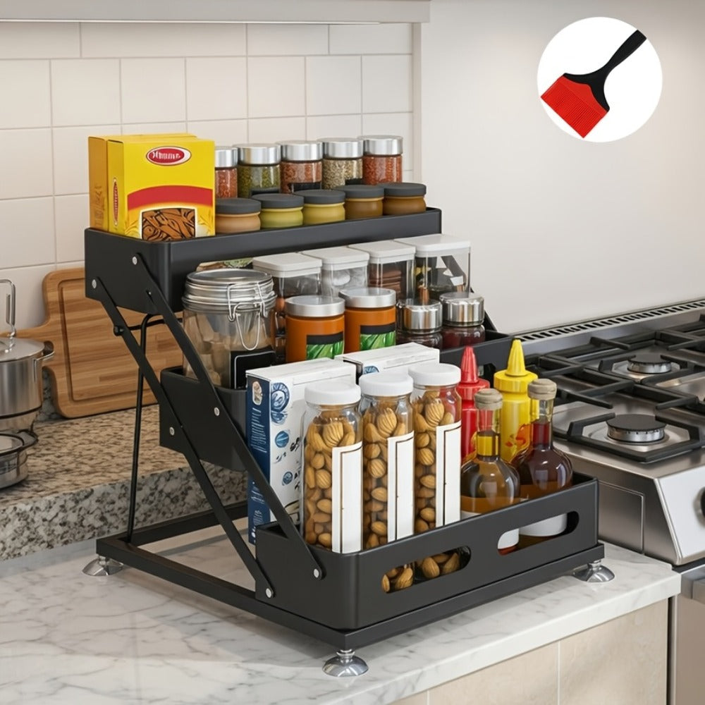 3-Tier Foldable Spice Rack Organizer with Safety Rails - Space-Saving Countertop & Cabinet Storage for Kitchen Pantry, Durable Metal Finish, Sturdy Construction