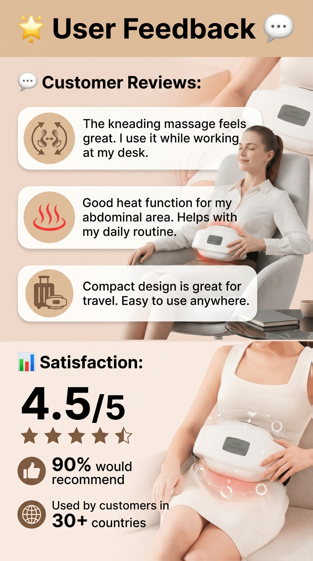 Electric Abdominal Massager with Heat - Rechargeable Portable Stomach Massager with 3 Massage Modes & Heating Function for Abdominal Pain Relief, Belly Relaxation, Cramp Relief, Home & Office Use