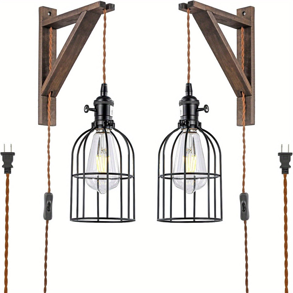 Plug In Wall Sconces Set of 2 or 1 ¨C Rustic Farmhouse Wall Lamp with Metal Cage & Wooden Bracket, Plug-Into-Outlet Hanging Light for Bedroom, Living Room & Headboard