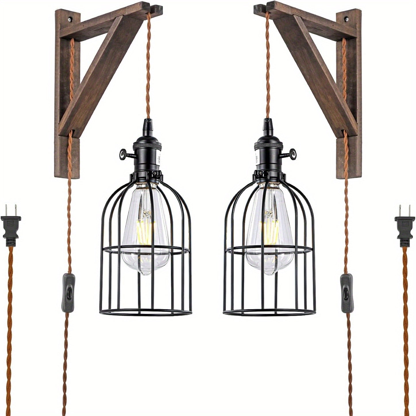 Plug In Wall Sconces Set of 2 or 1 ¨C Rustic Farmhouse Wall Lamp with Metal Cage & Wooden Bracket, Plug-Into-Outlet Hanging Light for Bedroom, Living Room & Headboard