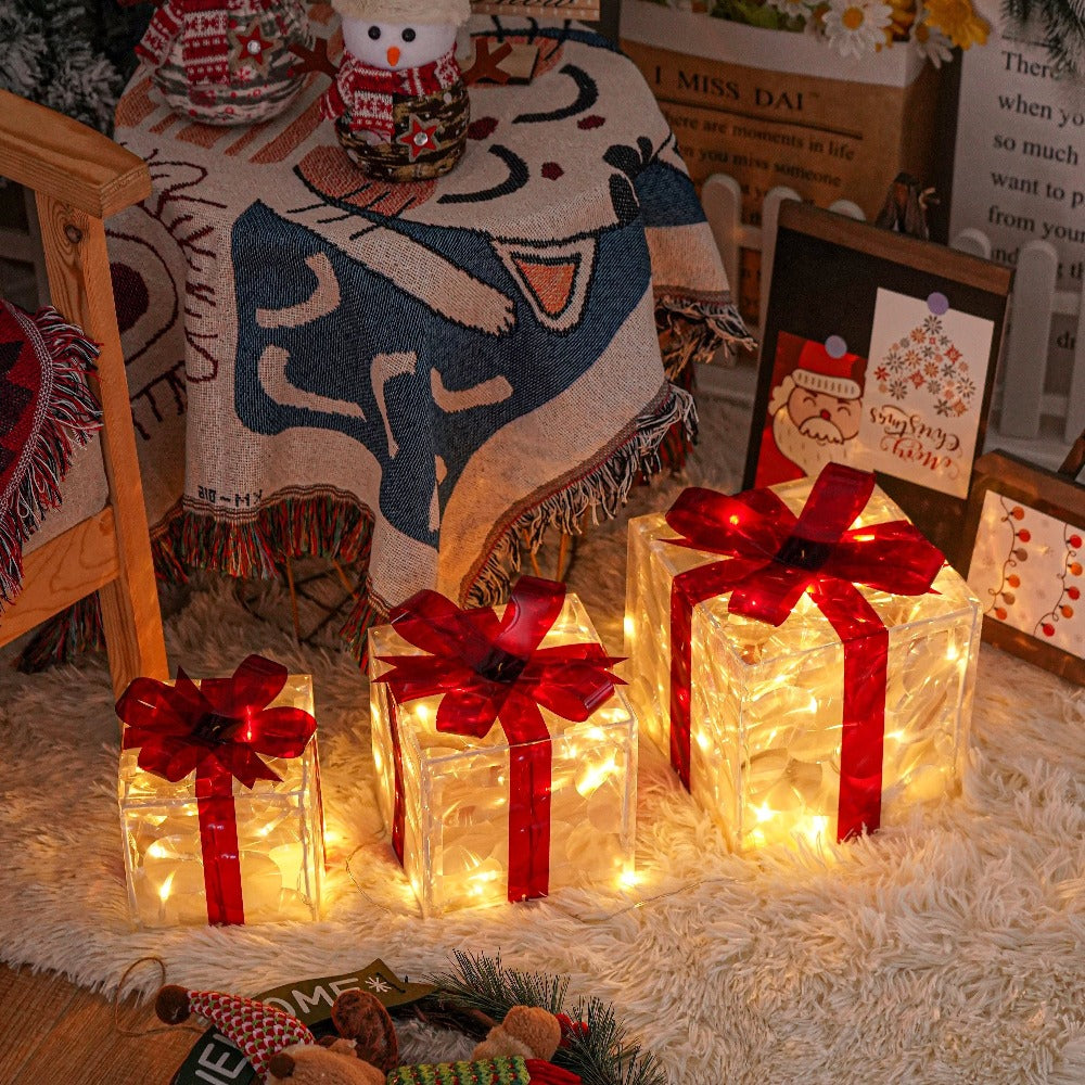 Christmas Light-Up Gift Boxes Set of 3 ¨C USB & Battery LED Warm White Lighted Decorations with Timer, 8 Lighting Modes, Red Bow, Indoor Outdoor Holiday Home Decor