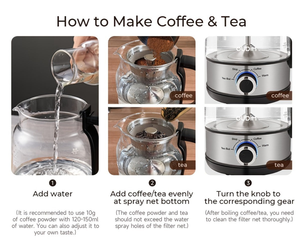 Drip Coffee Maker Electric Kettle 600W 40.58oz BPA-Free Glass Stainless Steel Spray Brew Keep Warm Boil-Dry Protection for Coffee Tea Perfect Gift