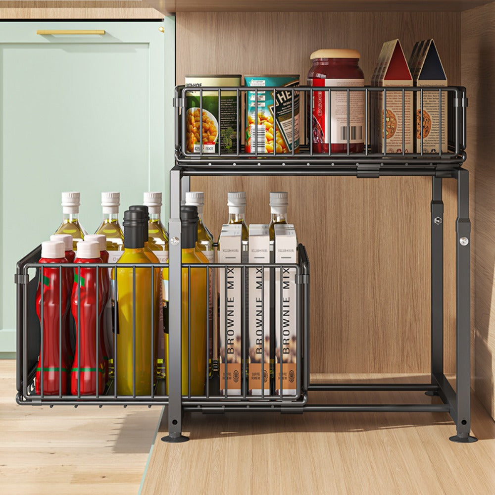 Under Sink Organizer 2-Tier Slide Out ¨C Heavy Duty Metal Cabinet Shelf, Adjustable Space-Saving Storage Rack for Kitchen & Bathroom Cabinets, Pull Out Drawer Organizer