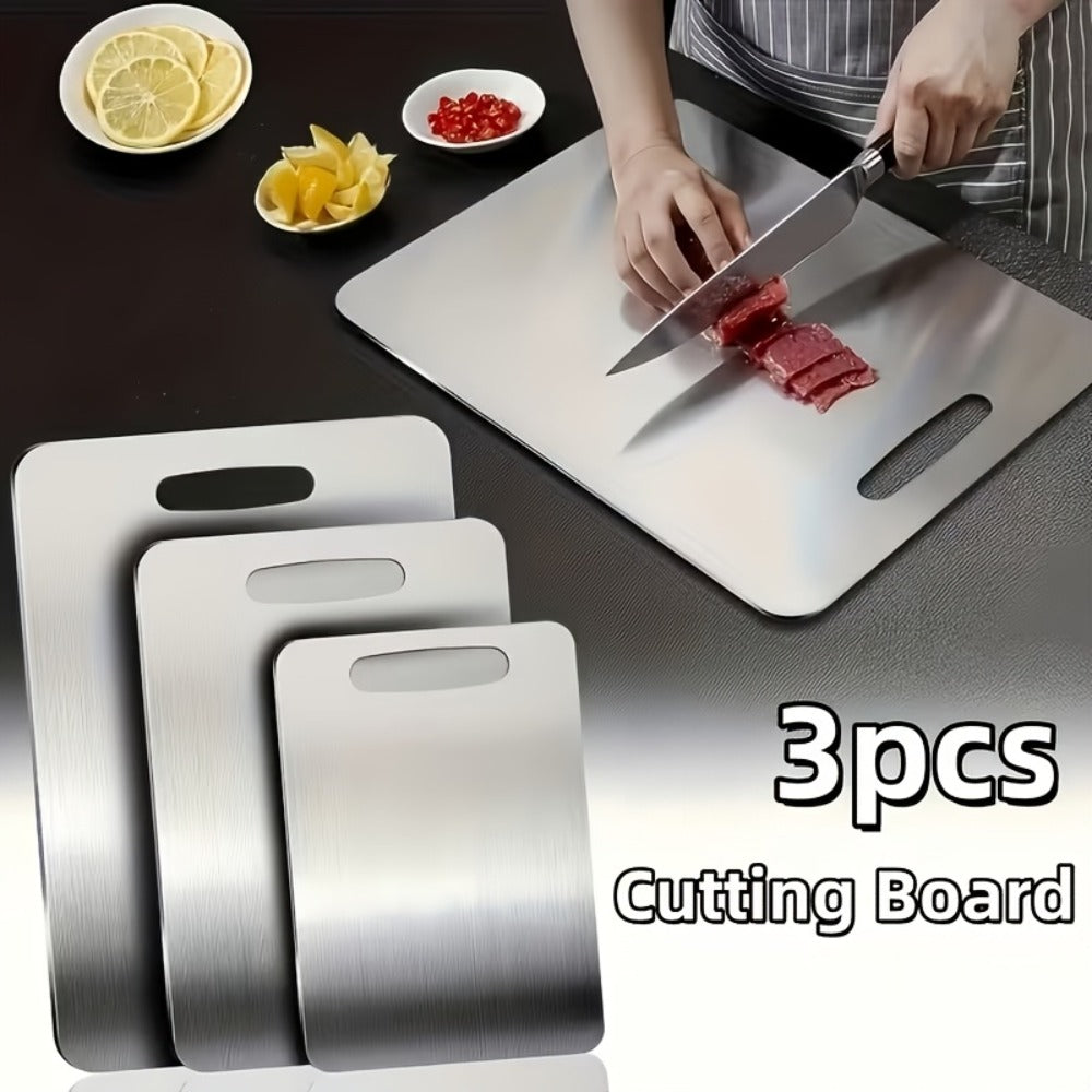 Titanium Cutting Board Set 3-Piece Heavy Duty BPA-Free Kitchen Prep Boards | Rust-Resistant Hook Handles Rounded Edges Space-Saving Design | Durable Metal Boards for Meat Vegetables Fruits BBQ Gift