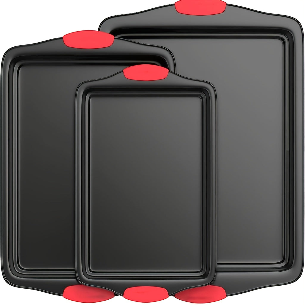 Carbon Steel Nonstick Baking Pan Set 3 or 9pcs Commercial Grade Restaurant Quality Nonstick Inside and Outside Oven Baking Pan with Red Silicone Handle Gray