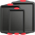 Carbon Steel Nonstick Baking Pan Set 3 or 9pcs Commercial Grade Restaurant Quality Nonstick Inside and Outside Oven Baking Pan with Red Silicone Handle Gray