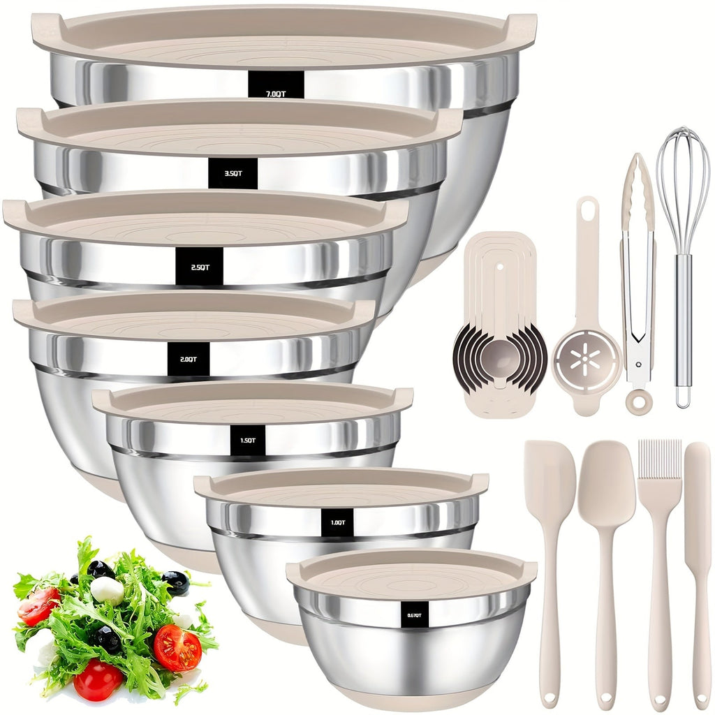Stainless Steel Mixing Bowls with Airtight Lids 20-Piece Set ¨C Non-Slip Silicone Bottom, Nesting Bowls in 7 Sizes (0.67¨C7 QT) for Mixing, Baking & Serving ¨C Kitchen Bowl Set with Lids
