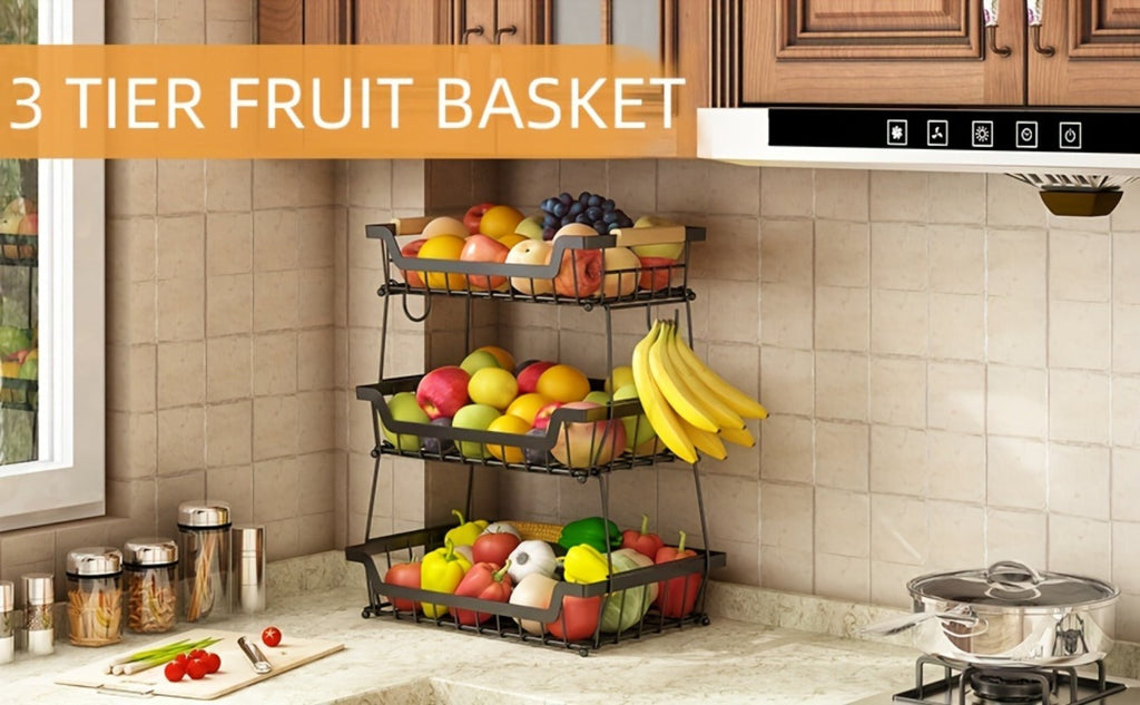Fruit Basket with Banana Hanger, 2-3 Tier Metal Countertop Organizer with Wooden Handle ¡ª Detachable Kitchen Storage Stand for Fruits, Vegetables & Bread | Large Capacity | Black