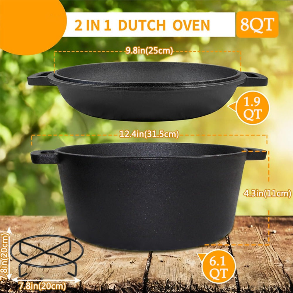 Cast Iron Dutch Oven Set ¨C 6.1QT Deep Pot + 1.9QT Frying Pot, 2-in-1 Cookware with Silicone Handles, Iron Frame & Scraper, Oven, Stovetop, Induction & BBQ Compatible, 6-Pack Bundle