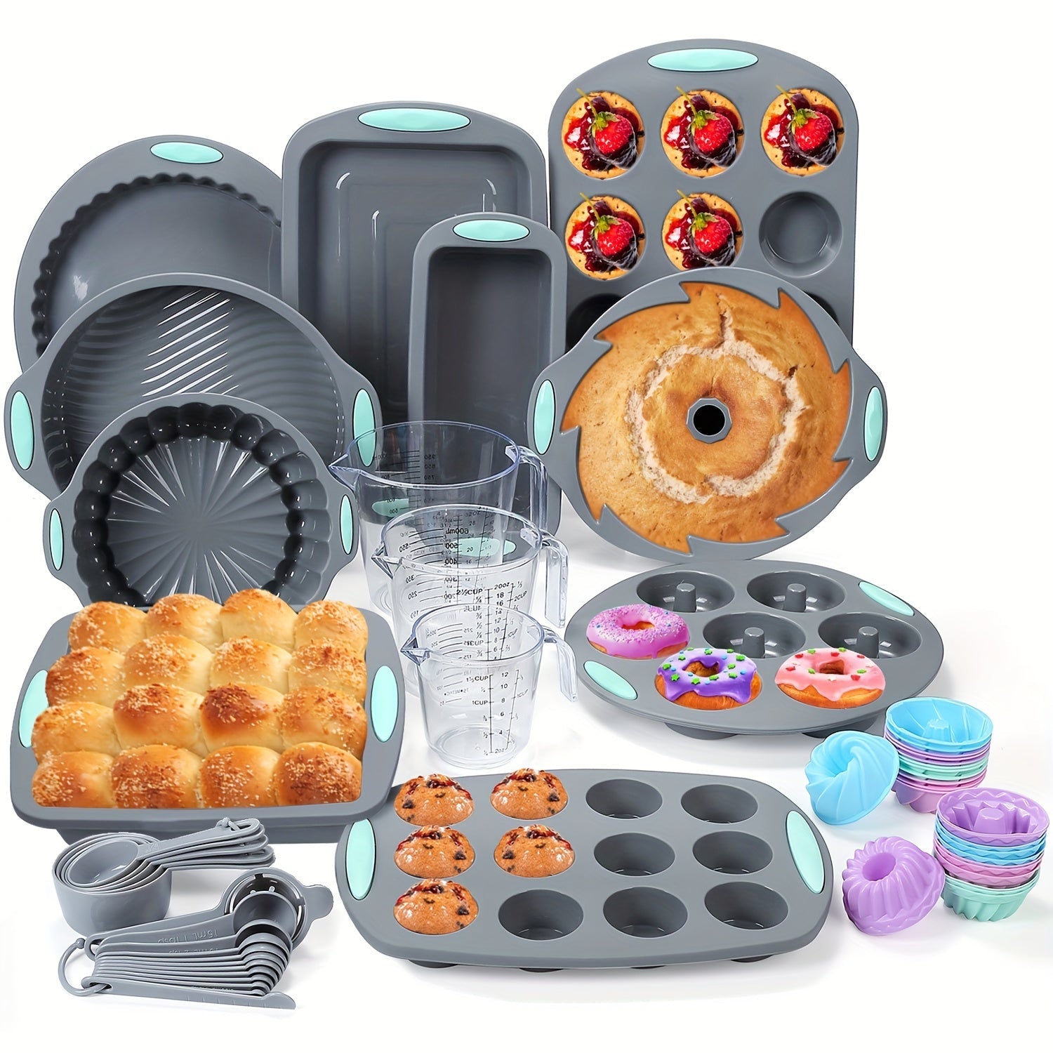Silicone Bakeware Set with Cake Molds, Muffin Pan, Donut Pan, Baking Sheet, Baking Cups & Measuring Cups Spoons, Complete Nonstick Silicone Baking Set for Oven, 45-Piece 53-Piece or 83-Piece Options