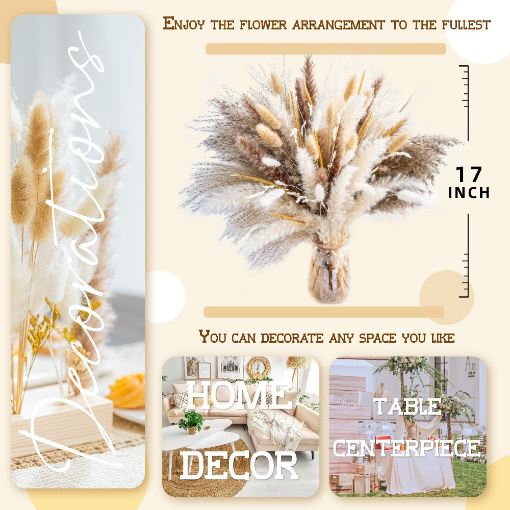 Pampas Grass Decor 120pcs Natural Dried Floral Arrangement Boho Bouquet for Wedding Centerpiece Table Decor Rustic Home Decor Vase Filler Aesthetic Room Decor Bohemian Style