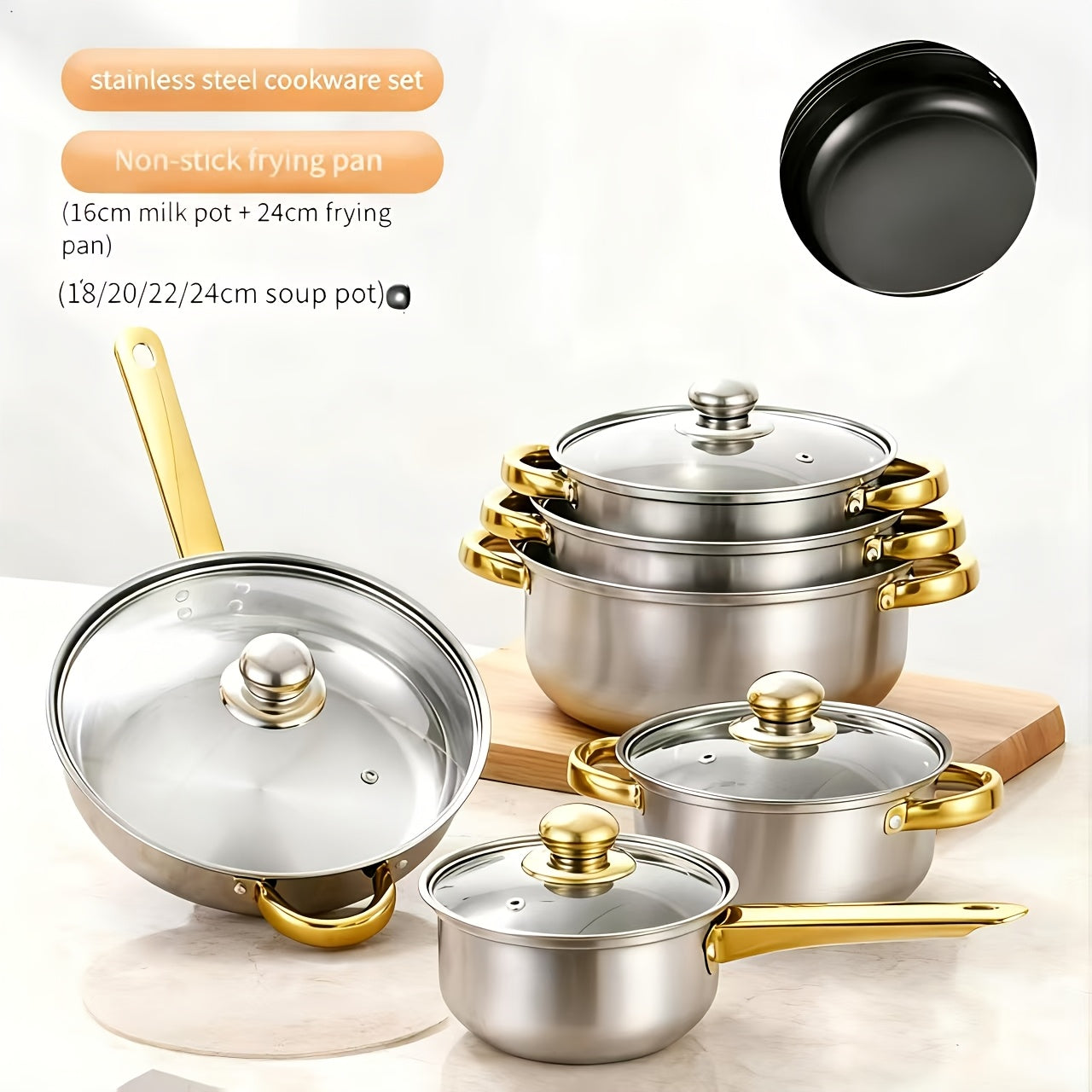 Stainless Steel Non-Stick Cookware Set 1 11 & 13 Piece ¨C Non-Toxic Dishwasher & Oven Safe Kitchen Cooking Set | Frying Boiling Stir-Fry Pots and Pans | Golden Silver Pink Orange Home & Catering