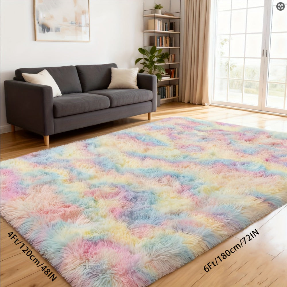 Fluffy Area Rug 4x6 - Soft High Pile Shaggy Carpet Non-Slip Indoor Floor Mat for Bedroom Living Room Dining Room, Blue & Tie Dye Rainbow Purple