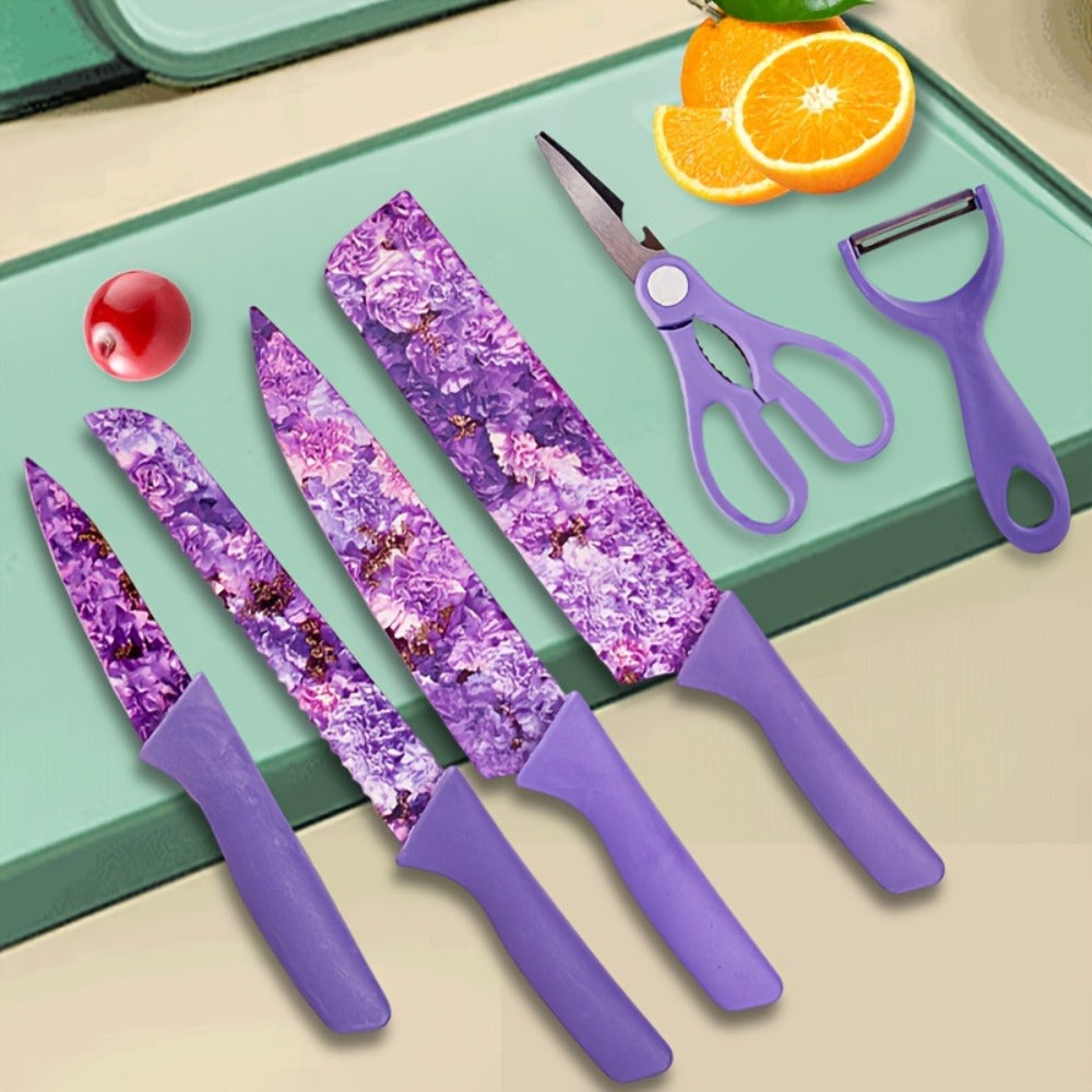 Kitchen Knife Set 6 Piece with Floral Pattern, High Carbon Stainless Steel Chef Knife Set with Ergonomic Handle, Sharp Meat Cleaver Bread Knife Scissors Peeler, Colorful Cooking Knife Gift Set for Women Men