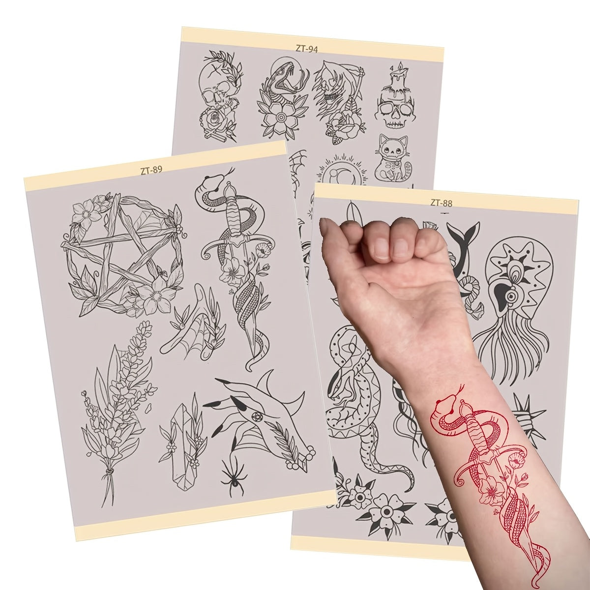 Tattoo Transfer Paper 3 Sheets ¨C Pre-Drawn Stencils with Floral, Paisley, Spiderweb, Snake & Pizza Designs ¨C A4 Size Body Art Stencil Kit for Beginners & Pros, No Electricity Needed