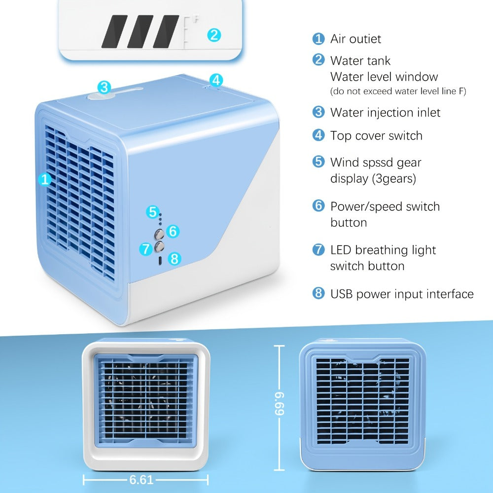Portable Air Cooler 3-in-1 Mini Personal Air Conditioner Humidifier Fan with Atmosphere Light USB Powered Desktop Evaporative Cooler for Home Office Bedroom Travel Blue Black Green