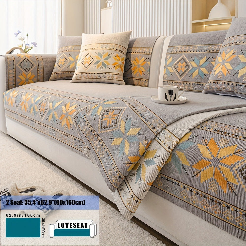 Chenille Sofa Slipcover 1pc Boho Vintage Style - Luxury Non-Slip Removable Four Seasons Universal Couch Cover | Armrest 1 2 3 4 Seater | Dark Gray Light Gray Blue | Living Room Home Decor
