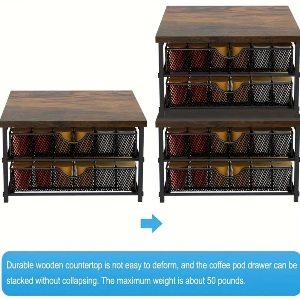 Coffee Pod Holder K-Cup Storage Drawer with Sliding Basket | 48-Capsule Double Layer Coffee Capsule Organizer for Countertop | Compatible with Nespresso Keurig Pods | Brown Coffee Bar Accessory